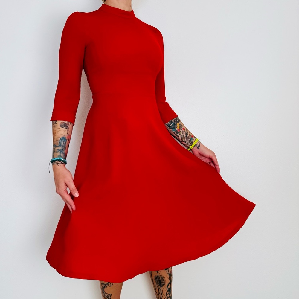 Zara flare midi dress A-line skater red mock neck - Picture 5 of 11